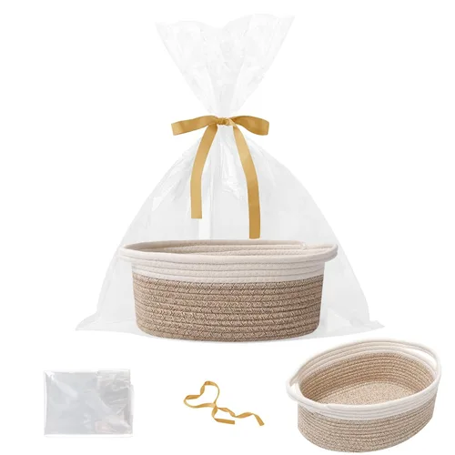 Miniatura 24 de Paquete de 2 canastas pequeñas de cuerda tejida, cesta de regalo vacía con bolsa y cintas, bonita caja organizadora con asa para cumpleaños/baby