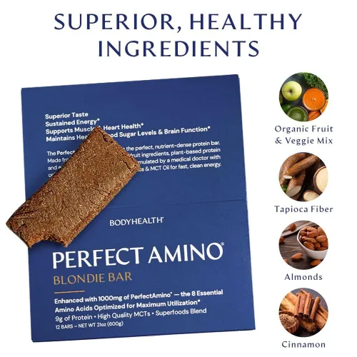 Miniatura 4 de BodyHealth PerfectAmino Bar – Snack energético con proteínas de 10g, MCTs vegetales, mezcla de superalimentos, sin OMG, sin gluten, lácteos ni soja