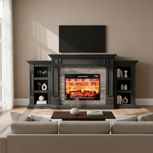 Miniatura 2 de LGHM - Soporte de TV con chimenea de 72 pulgadas para televisores de hasta 80 pulgadas, chimenea eléctrica con repisa, centro de entretenimiento