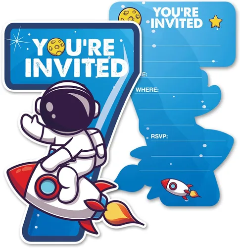 Miniatura 8 de Outer Space - Invitaciones para fiesta de 8º cumpleaños con sobres, juego de 20 tarjetas de invitaciones con forma de astronauta de ocho formas
