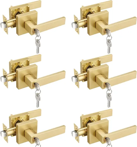 Miniatura 45 de EHOMEWARE 8 paquetes de manijas de puerta interior sin llave en acabado de latón satinado, manija de puerta de armario, palanca de puerta de paso