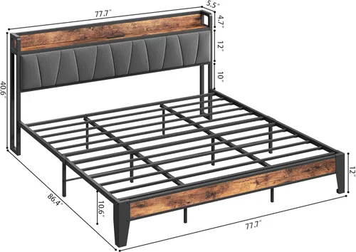 Miniatura 2 de LIKIMIO Base de cama tamaño King, cabecera de almacenamiento con estación de carga, sólida y estable, sin ruido, no necesita somier, fácil montaje