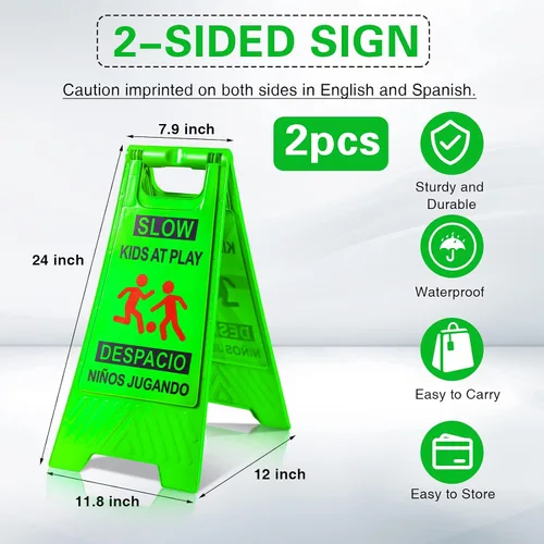 Miniatura 2 de 2 letreros de seguridad para niños en juego lento, texto y gráficos de doble cara, letreros de advertencia para jugar en la calle, vecindarios
