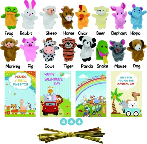 Miniatura 2 de Tarjetas del día de San Valentín con 16 marionetas de dedo de animales de peluche, regalos de aula para niños y recuerdos de fiesta
