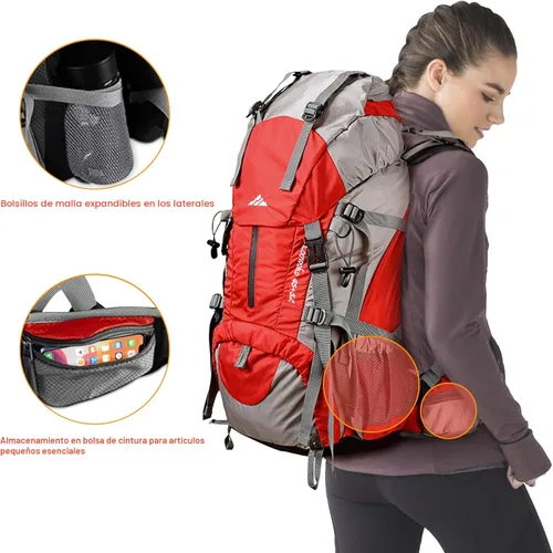 Miniatura 5 de Mochila Loowoko de 50 l para senderismo, impermeable, con cubierta para la lluvia, mochila esencial para acampar, mochila ligera de 45 + 5 litros