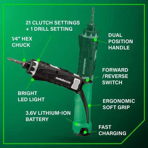 Miniatura 4 de Metabo HPT - Juego de destornillador inalámbrico de iones de litio de 3,6 V, destornillador de potencia compacto y liviano con 2 baterías de 1,5 Ah