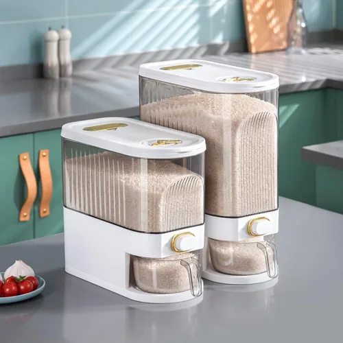 Miniatura 9 de Dispensador Sooyee de 22 libras para arroz, contenedor grande de grano con tapa, cilindro de medición a prueba de humedad, dispensador de cereales