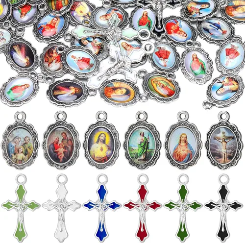 Miniatura 9 de 100 piezas de suministros para kits de fabricación de rosario, medallas con cruz y centro, dijes de aleación, crucifijos con imágenes religiosas