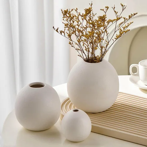 Juego de 3 jarrones de cerámica para decoración moderna del hogar, jarrón bohemio blanco redondo, jarrón decorativo minimalista para centro de mesa,