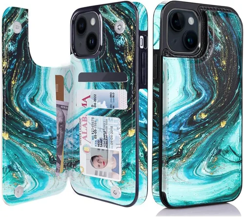 Miniatura 9 de uCOLOR Funda de piel con tapa para tarjetas compatible con iPhone 13 6.1, iPhone 14 6.1, mujeres y niñas con tarjetero y función atril