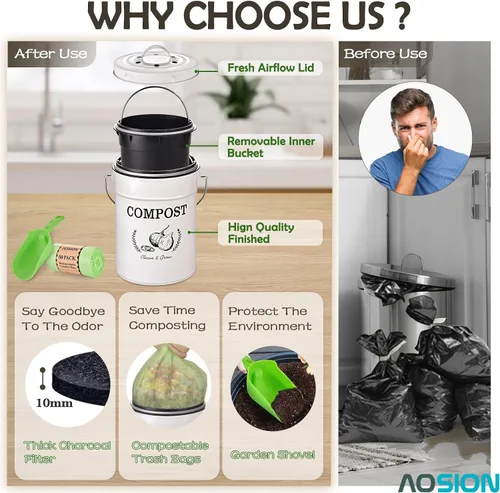 Miniatura 4 de AOSION Contenedor de compostaje para encimera de cocina, contenedor de compostaje interior resistente al olor con tapa y bolsas de compost