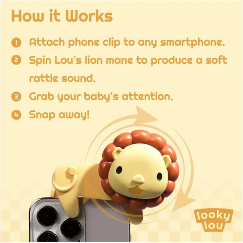 Miniatura 3 de Looky Lou - Clip para teléfono con sonajero de león para fotos de bebé, fotografía de recién nacidos, hitos mensuales, accesorios para sesiones