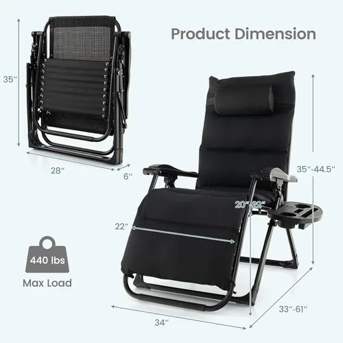 Miniatura 9 de Giantex Silla Zero Gravity con cojines de patio, silla reclinable plegable ajustable con almohada y soporte para tazas, sillón reclinable de césped