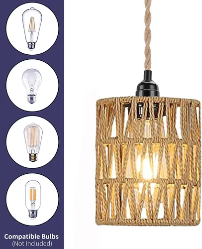 Miniatura 3 de Lámpara Colgante Bohemia con Enchufe, Luz Colgante with Cable con Enchufe, Lámpara de Techo con Pantalla Cilíndrica de Ratán e Interruptor