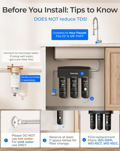 Miniatura 7 de Waterdrop TSA filtro de agua de 3 etapas debajo del fregadero, conexión directa al grifo del hogar, elemento certificado NSF/ANSI 42, EE.UU. Tech