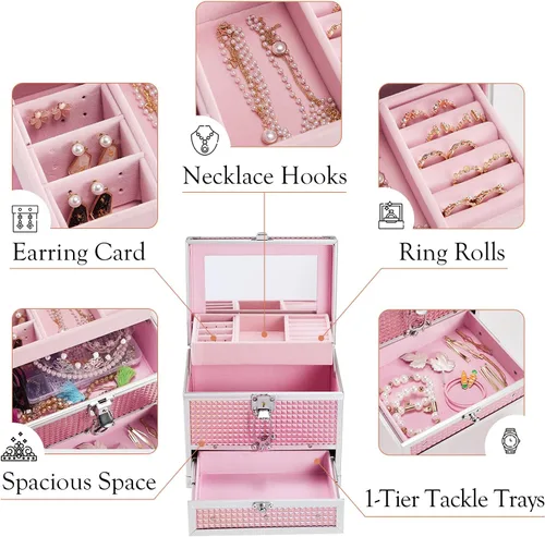 Miniatura 4 de Hododou Joyero organizador para niñas con cajón y espejo estuche de almacenamiento con cerradura estilo rosa brillante para niños o niñas pequeñas
