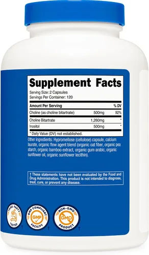 Miniatura 5 de Nutricost Suplemento de colina e inositol (1,000 mg) 240 cápsulas - 500 mg de colina, 500 mg de inositol, sin OMG, sin gluten, 120 porciones