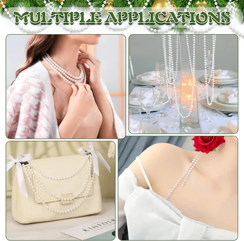 Miniatura 6 de PAXCOO Guirnalda de perlas blancas, hebras de perlas para decoración de árbol de Navidad, suministros de fiesta de boda