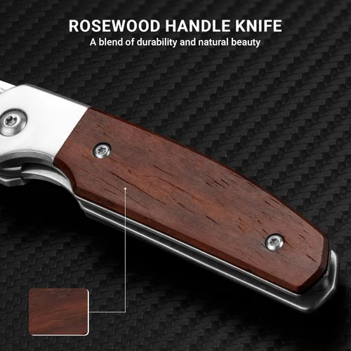Miniatura 3 de Cuchillo pequeño EDC de 2.8 pulgadas, hoja de punta de acero D2, mango de madera, cuchillo de bolsillo plegable para hombres y mujeres, para llevar