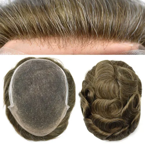Miniatura 70 de Sistema de cabello para hombres, pieza de cabello humano real, tupé para hombres, encaje suizo para hombre, nudo blanqueado para hombre, tupé