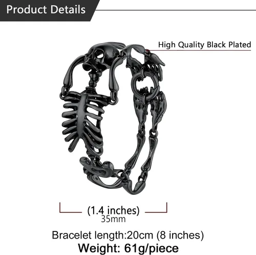 Miniatura 44 de U7 Pulseras góticas de calavera para hombres y mujeres, acero inoxidable, chapado en oro de 18 quilates, plata, negro, punk, esqueleto punk
