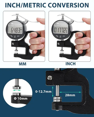 Miniatura 5 de Medidor de espesor digital Mxmoonfree 0.000-0.500 in/0.5inch 0.000 in de alta resolución Micrometer flat contact plates, 28mm throat depth