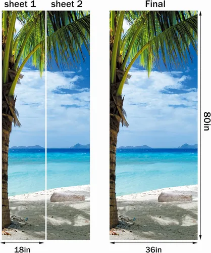 Miniatura 2 de FLFK Adhesivo de puerta - Playa y palmera, mural de pelar y pegar, tamaño combinado 36"x80", dividido en 2 piezas Mt2219