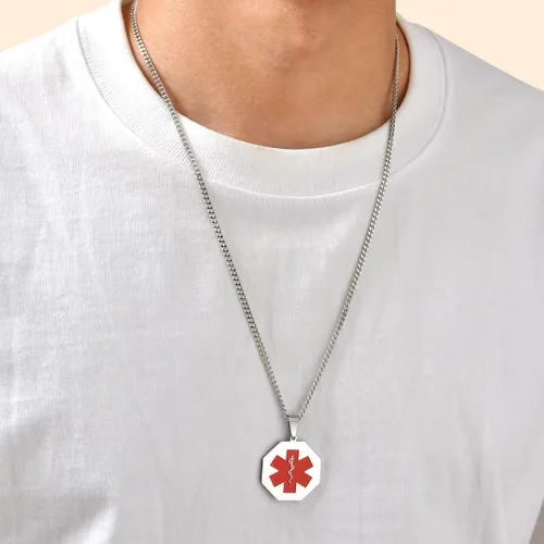 Miniatura 50 de VNOX Collar con colgante personalizado de acero inoxidable con grabado personalizado para identificación de alerta médica de emergencia para hombres