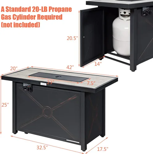 Miniatura 2 de COSTWAY Mesa para fogata de propano de 42 pulgadas, mesa rectangular de gas para exteriores de 60,000 BTU con mesa de cerámica, roca de lava