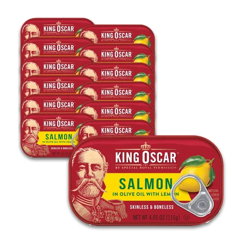Miniatura 11 de King Oscar Salmón Premium en Aceite de Oliva, Latas de 4.05 onzas (Paquete de 12, el Empaquetado Puede Variar), Salmón Sin Hueso y Sin Piel