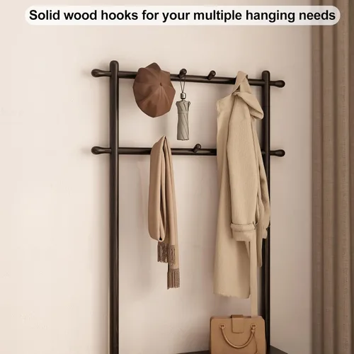 Miniatura 5 de AQIMUELE Perchero con almacenamiento de zapatos, árbol de pasillo de madera con banco, 11 ganchos y estantes de almacenamiento de 2 niveles, 3 en 1