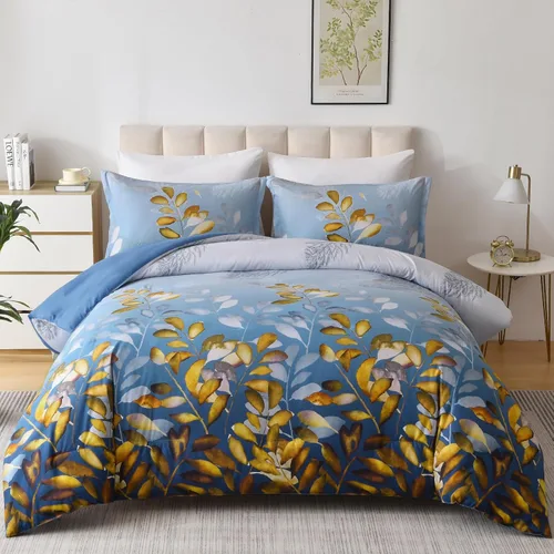Miniatura 12 de DJY Juego de edredón de color morado, tamaño King, edredón de hojas botánicas para cama King, juego de edredón reversible floral de 3 piezas, juego