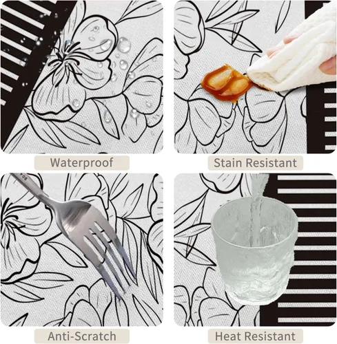 Miniatura 4 de Mantel rectangular floral de 52 x 70 pulgadas, color blanco y negro, estampado floral, a prueba de derrames y aceite, para cocina, comedor
