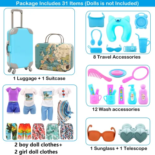 Miniatura 2 de Miunana 28 piezas de ropa y accesorios de viaje, maleta azul para tronco, 2 ropa de muñeca para niña, 1 traje de niño, 8 accesorios de vida, 12