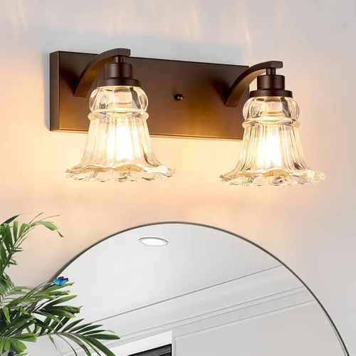 Lámpara vintage de tocador de baño de 2 luces, lámparas de baño de bronce aceitado con pantallas de vidrio transparente floral, accesorios de pared