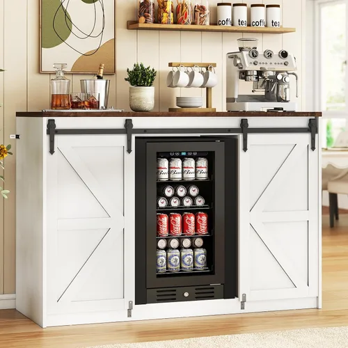 Miniatura 10 de Lamtor Barra de café con espacio para mini refrigerador, gabinete de barra de café con toma de corriente, mini gabinete de nevera estriado