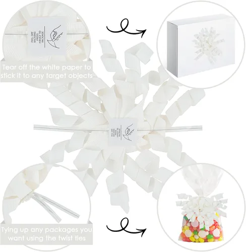 Miniatura 4 de AIMUDI Lazos Blancos de 4" Lazos Blancos Burst Lazos de Cinta Rizada Autoadhesivos para Envolver Regalos Cinta Grosgrain Lazos con Amarre Torcido