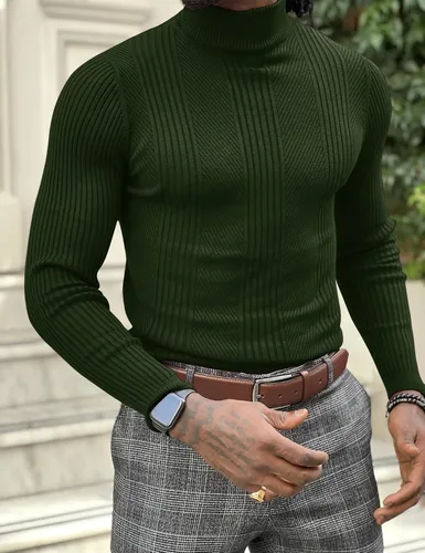Miniatura 2 de Suéteres casuales de cuello alto para hombre, de punto acanalado suave, térmicos, básicos