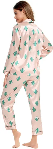 Miniatura 5 de SWOMOG - Conjunto de pijama de dos piezas, de satén de seda con botones, para mujer