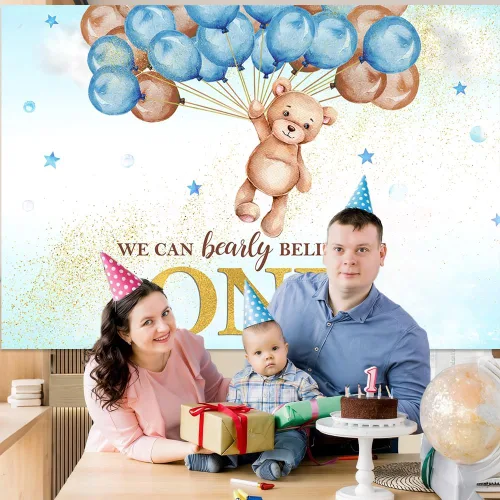 Miniatura 2 de MEHOFOND We Can Bearly Believe It One - Fondo para decoración de primer cumpleaños para niño, globo de oso azul, pancarta de primer cumpleaños