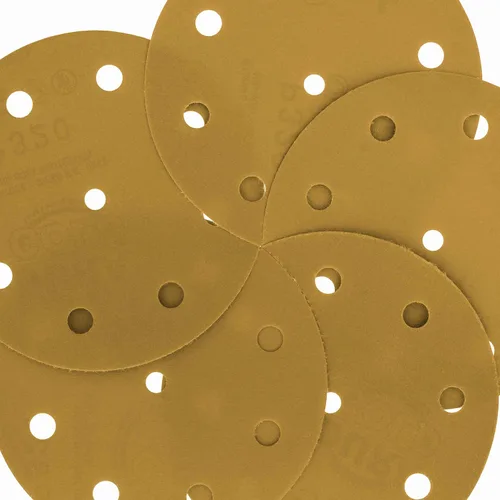 Miniatura 3 de Dura-Gold Discos de lijado dorados de 5 pulgadas de alta calidad, grano 320 (caja de 50), papel de lija de 9 agujeros sin polvo con gancho y bucle