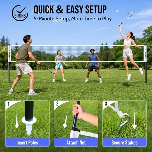 Miniatura 6 de Badminton Set for Backyard, Outdoor Badminton Net with Anti-Sag Design, 4 Professional Badminton Rackets, 4 Shuttlecocks and Carry Bag for Lawn or