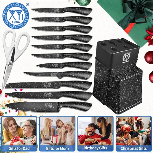 Miniatura 6 de XYJ juego de bloque con cuchillos de cocina, de acero inoxidable, con soporte, juego de cuchillos de chef profesional japonés, cuchillos para carne