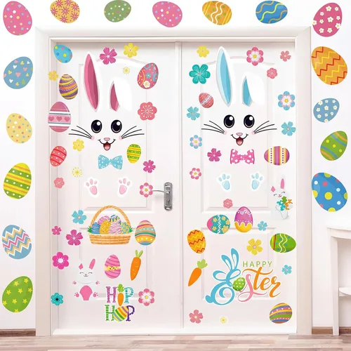 Miniatura 6 de Kajaia 4 piezas Adhesivos de puerta de Pascua felices Adhesivos de refrigerador Huevo de Pascua Flor de Pascua Conejo de Pascua Adhesivos de pared