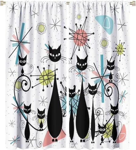 Miniatura 55 de Cortinas de estilo de mediados de siglo, diseño geométrico abstracto moderno, diseño retro, estampado de gato negro, para dormitorio, sala de estar