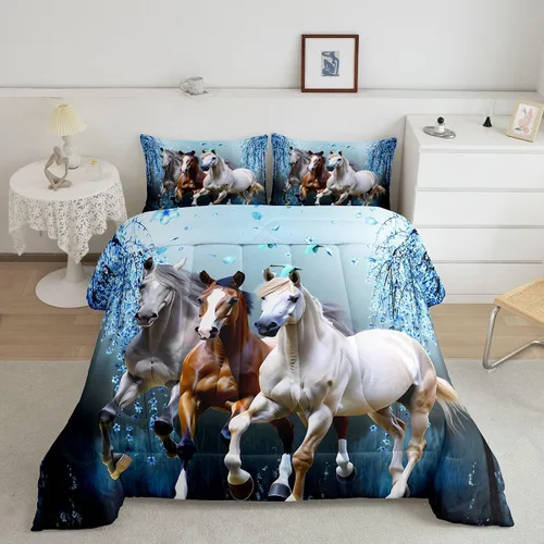 Miniatura 9 de Feelyou Juego de edredón tamaño individual con diseño de caballo y cerezo en flor de galope para niños, adolescentes, edredón occidental, decoración
