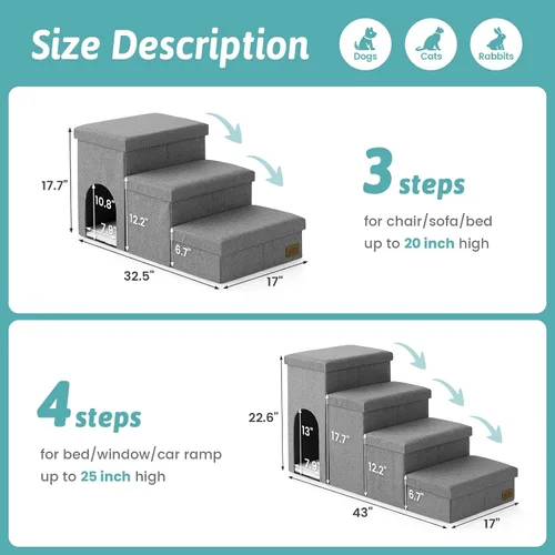 Miniatura 3 de Escaleras para perros con almacenamiento, escalones resistentes de 4 escalones más anchos para perros pequeños, medianos y grandes, rampa para Gris