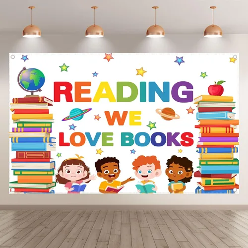 Miniatura 2 de Telón de fondo de lectura para el Día Mundial del Libro de 72 x 43 pulgadas, para aula, biblioteca, fotografía, fondo, estudiantes, niños