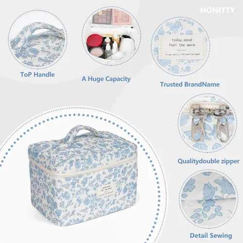 Miniatura 3 de Bolsa de maquillaje, bolsas de cosméticos acolchadas, bolsas de maquillaje florales grandes para mujeres, organizador de maquillaje, bolsa de aseo