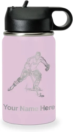 Miniatura 22 de LaserGram Botella de agua personalizada, jugador de hockey, acero inoxidable de doble pared aislada al vacío con popote superior, regalo grabado